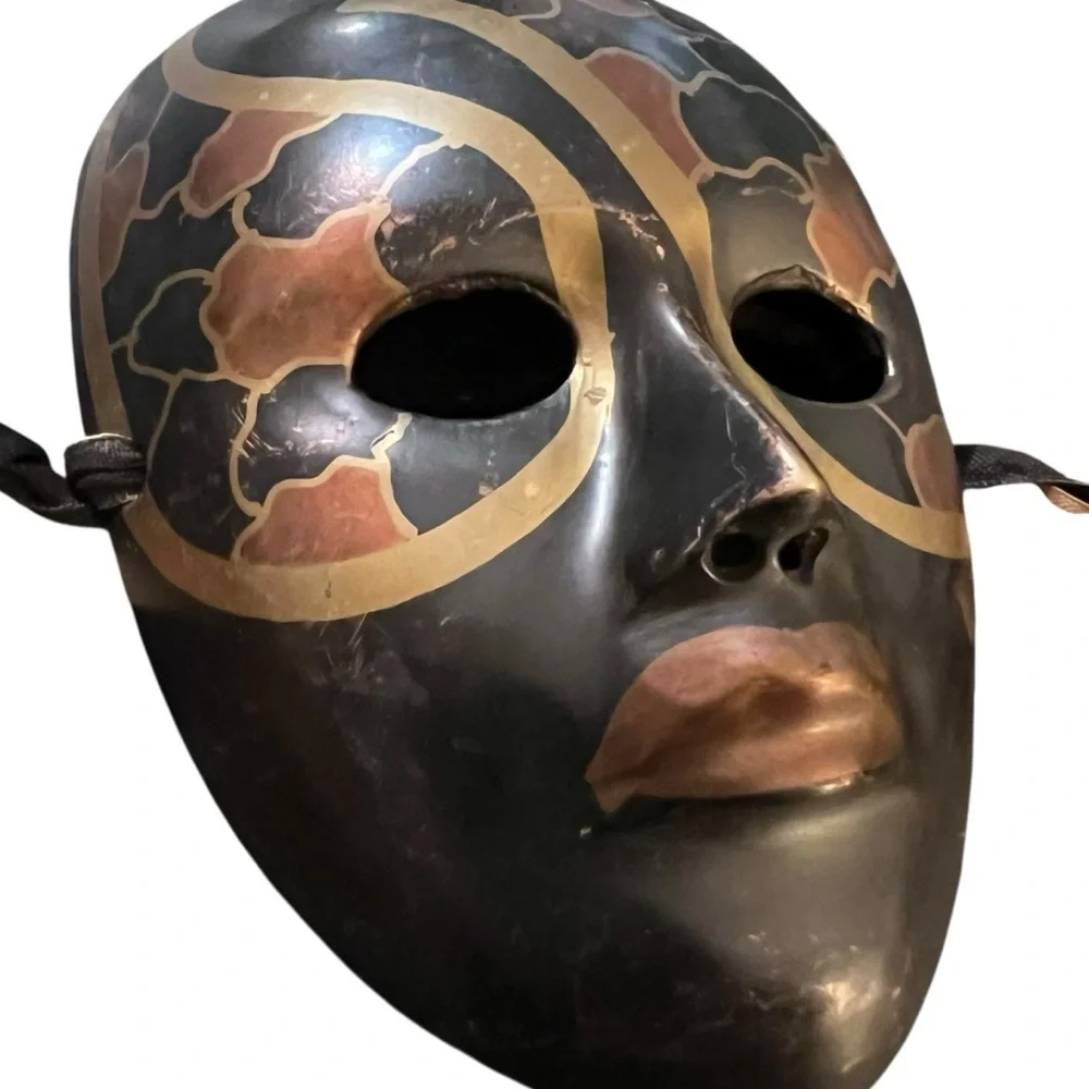 Vintage Brass Hand-Painted Masquerade Mardi Gras Theatre Mask Boho Wall Art Boho